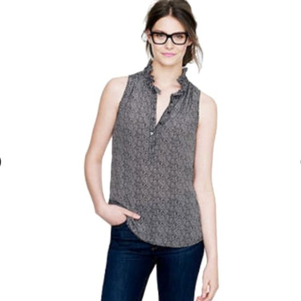 J. Crew silk top black & white herringbone blouse with ruffle neck women's 8